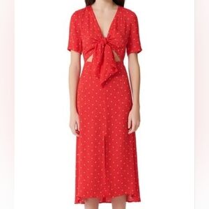 Maje Rinoui Polka Dot tie front  Midi Dress In Red with side slits for ease move